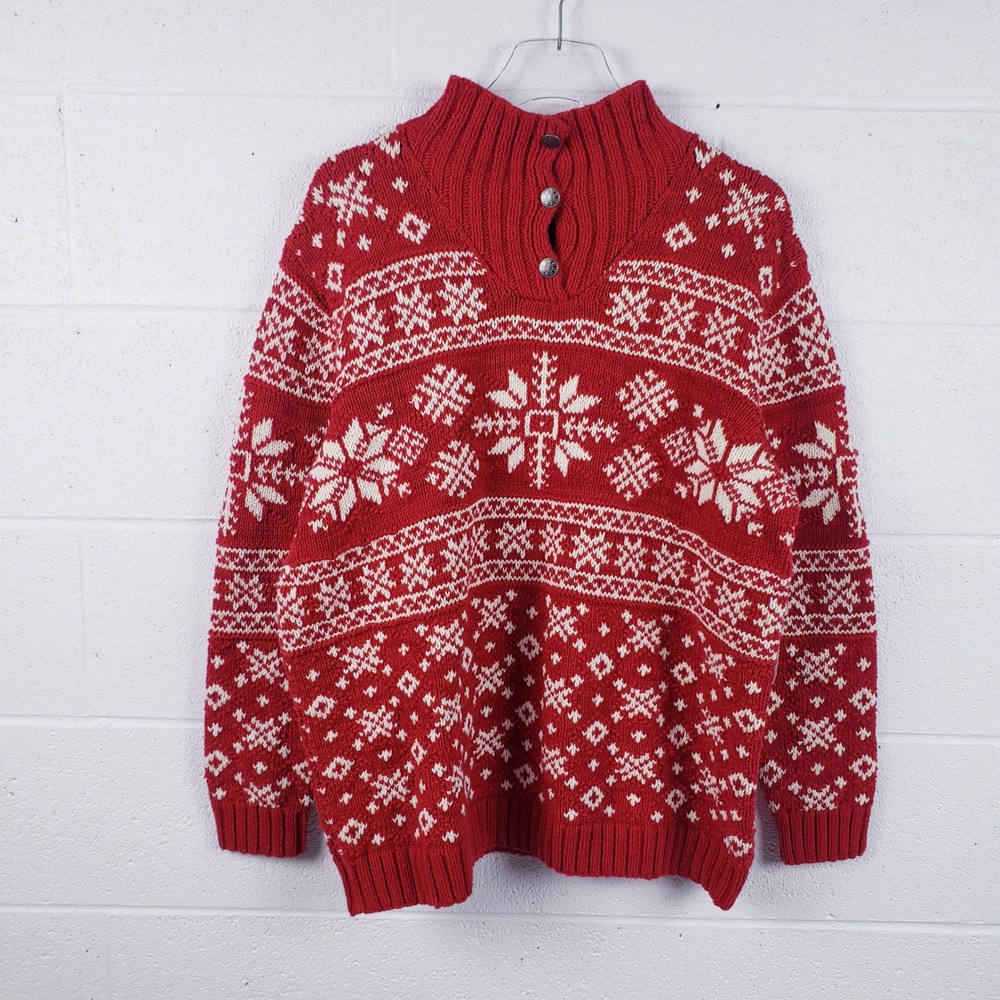 Vintage 90s Ralph Lauren Sweater Red Fair Isle‎ Mock Neck Button Chunky Knit  1X